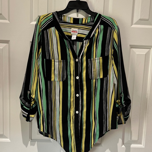 Ruby Rd Shirt Womens XL Multi Striped Button Up Roll Tab Sleeve Tie Stra… - Picture 2 of 8